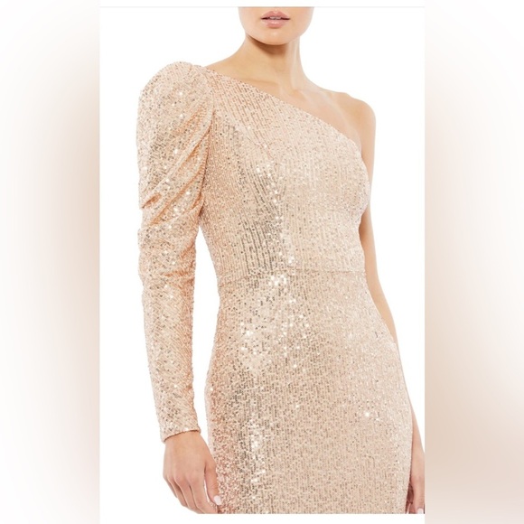 NWT Mac Duggal Sequin One Shoulder Trumpet Gold Gown 8 - Picture 4 of 7